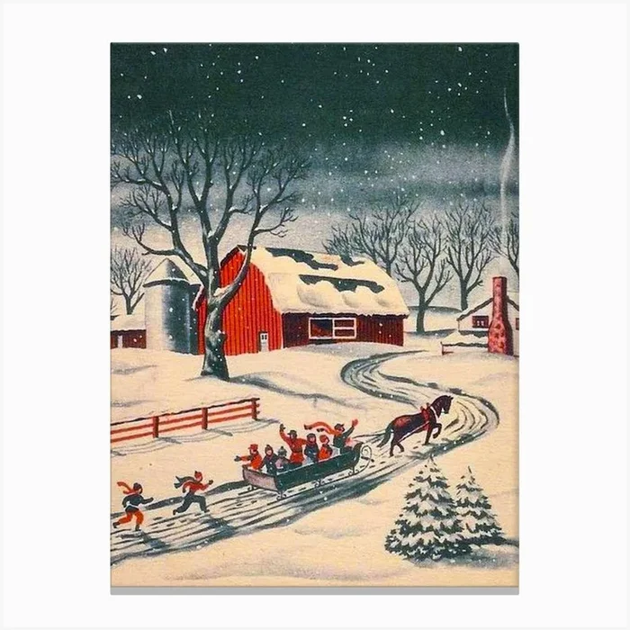 1943 Vintage Snow Scene Horse and Sleigh | Vintage Winter Original Greeting Card Illustration in HD | Antique Christmas Decor Canvas PrintFS by Free Spirits & Hippies