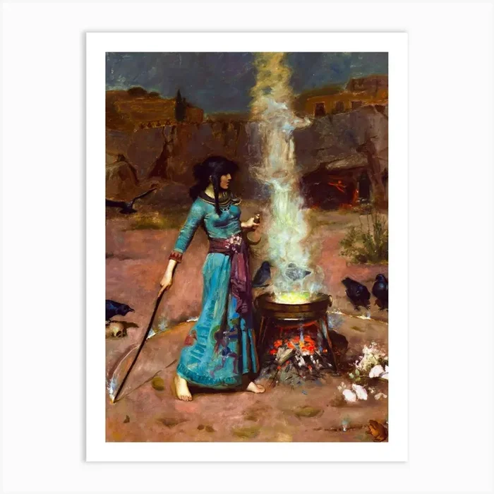 “The Magic Circle” (1886) by John William Waterhouse ~ Pre-Raphaelite painting depicting a sorceress casting a protective circle of fire. Known for its vivid colors and detailed style, it evokes mysticism and power. The original is housed in Tate Britain, London. The Magic Circle, John William Waterhouse, Pre-Raphaelite art, sorceress painting, magic art print, fantasy art, mystical painting, witch artwork, magic circle, 19th-century art, fantasy illustration, enchanted artwork, mystical sorceress, fire circle art, Tate Britain art Art PrintFS by Free Spirits & Hippies