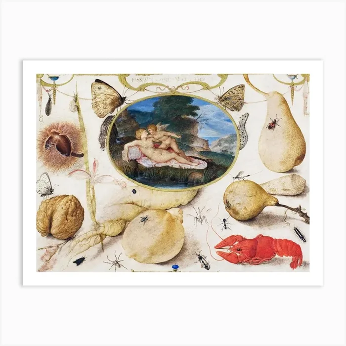 “Venus Disarming Amor” In A Medallion Surrounded By Plants, Fruits, Insects And Shellfish, Joris Hoefnagel Art Print by Fy! Classic Art Prints and Posters