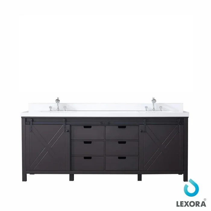 84 ” Brown Double Vanity, White Quartz Top, Square Sinks, no Mirror