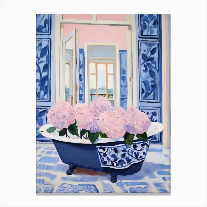 A Bathtube Full Hydrangea In A Bathroom 4 Canvas Print by Flora Expressions