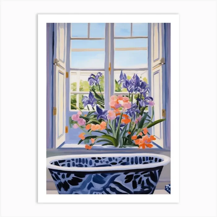 A Bathtube Full Iris In A Bathroom 1 Art Print by Flora Expressions