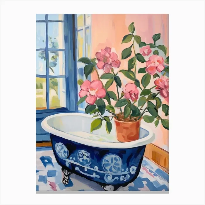A Bathtube Full Of Camellia In A Bathroom 1 Canvas Print by Flora Expressions