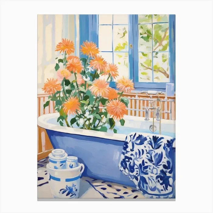 A Bathtube Full Of Chrysanthemum In A Bathroom 2 Canvas Print by Flora Expressions