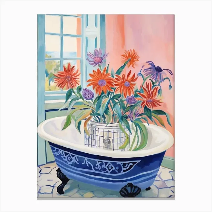 A Bathtube Full Of Peacock Flower In A Bathroom 3 Canvas Print by Flora Expressions
