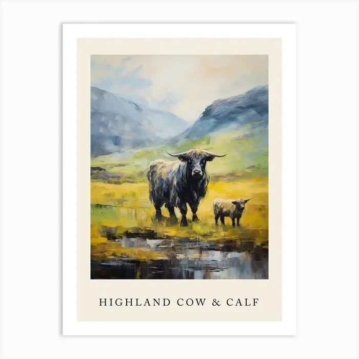 A Highland Cow & A Calf Impressionism Poster 2 Art Print by Exploring the Highlands