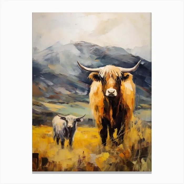 A Highland Cow & A Calf Impressionism Style 4 Canvas Print by Exploring the Highlands