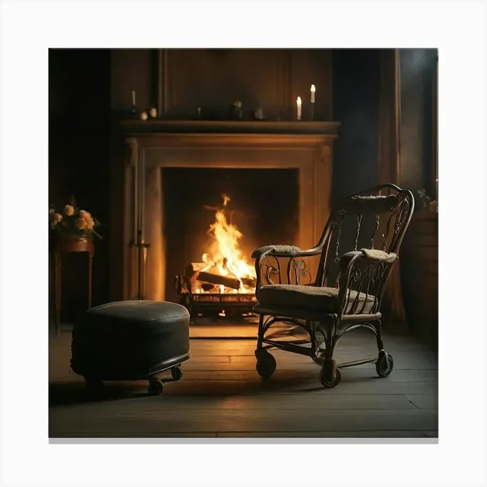 A rolling chair next to a burning fireplace in a romantic scene Canvas Print by Design_Pro