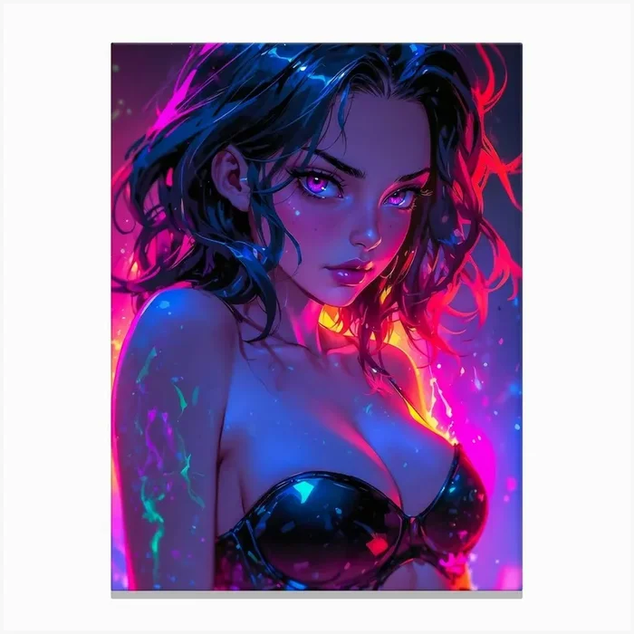 A wild hentai rocker girl with neon tattoos — a sexy and vibrant fantasy, blending waifu charm with cyberpunk allure. Canvas Print by Lootprint