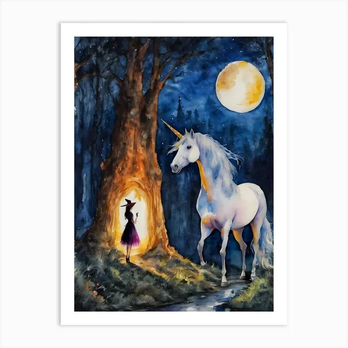 A Witch Meets a Unicorn ~ Witchy Magical Spooky Fairytale Watercolour Art Print by Lyra the Lavender Witch