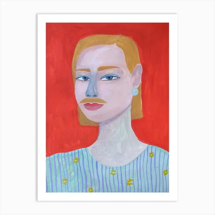 Acrylic painting of a woman with a mustache on a red background Art Print by Valza