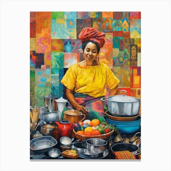 Afro Cooking Pencil Drawing Patchwork 4 Canvas Print by AfroFusion