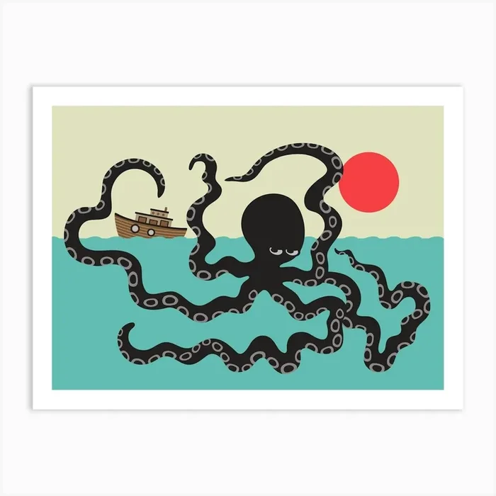 AKKOROKAMUI Japanese Giant Octopus Sea Monster Cryptid Myth with Rising Red Sun Art Print by UnBlink Studio