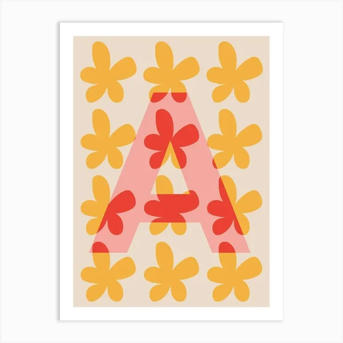 Alphabet Flower Letter A Print – Pink, Yellow, Red Art PrintLS by Louisa Sadler