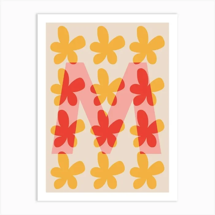 Alphabet Flower Letter M Print – Pink, Yellow, Red Art PrintLS by Louisa Sadler