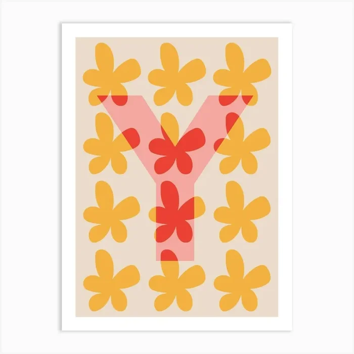 Alphabet Flower Letter Y Print – Pink, Yellow, Red Art PrintLS by Louisa Sadler