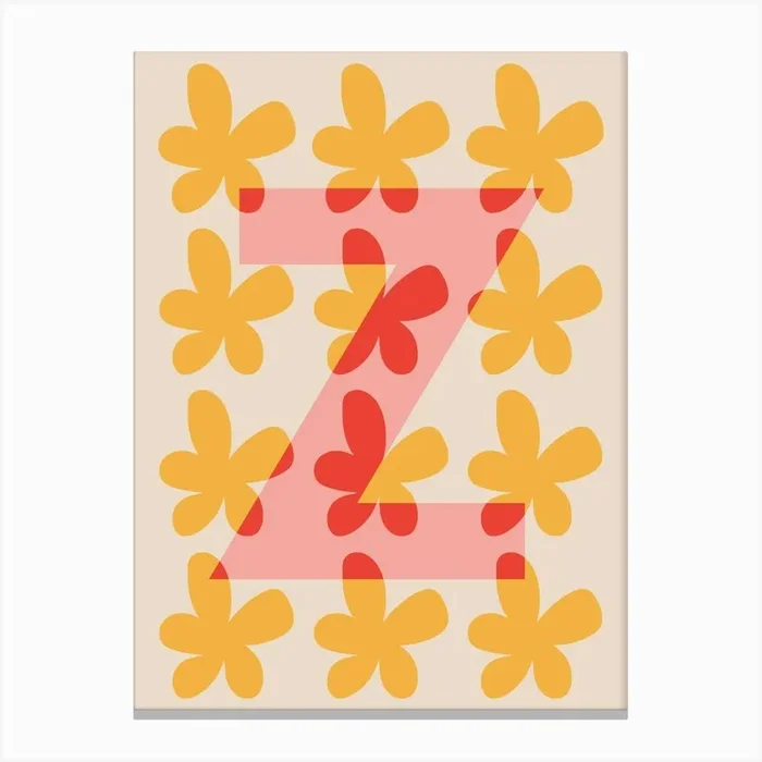Alphabet Flower Letter Z Print – Pink, Yellow, Red Canvas PrintLS by Louisa Sadler
