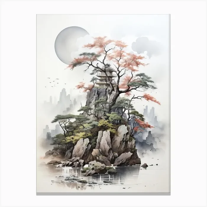 Amanohashidate In Kyoto, Japanese Brush Painting, Ukiyo E, Minimal 2 Canvas Print by Ukiyo-e Wonders
