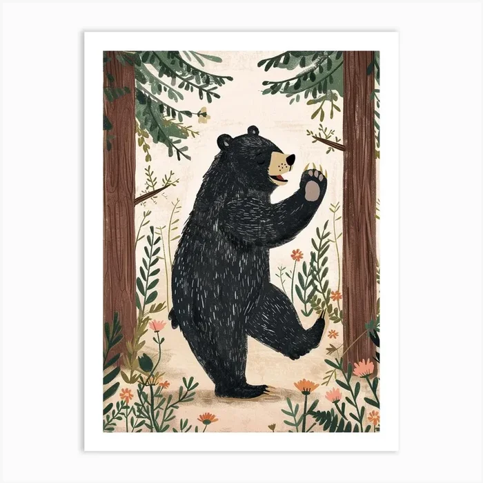 American Black Bear Dancing In The Woods Storybook Illustration 3 Art Print by BearBrush Studios
