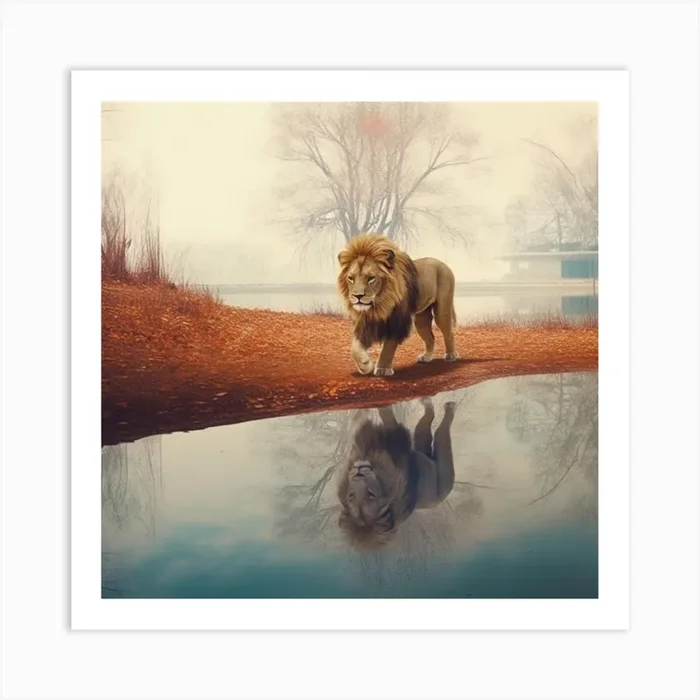 Armadiler Lion Walking Next To A Lake Surrealism Style E4929b06 E959 46ed 88c0 31792f909f1d Art PrintA by Armadiler