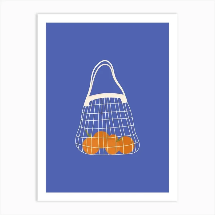 Bag With Oranges Blue Background Art Print by Lewska Design