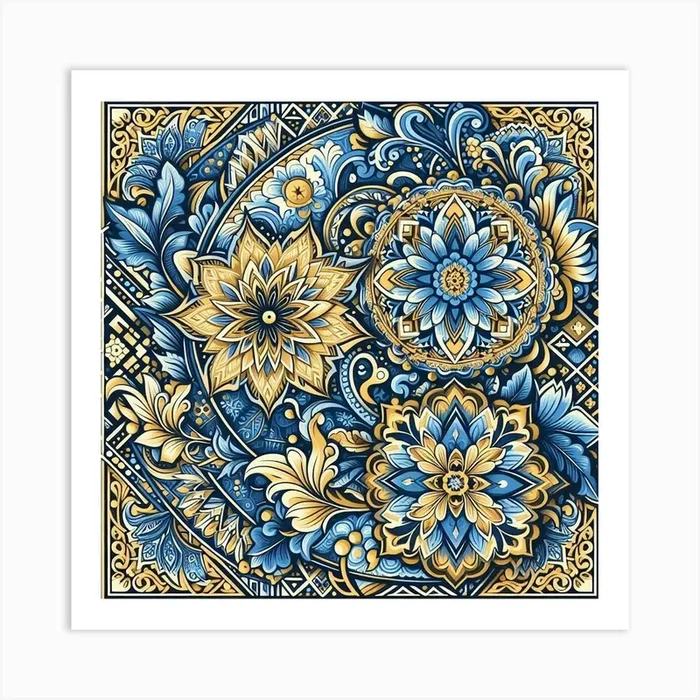 Batik, Blue And Gold Floral Pattern 1 Art Print by Ila Yusof