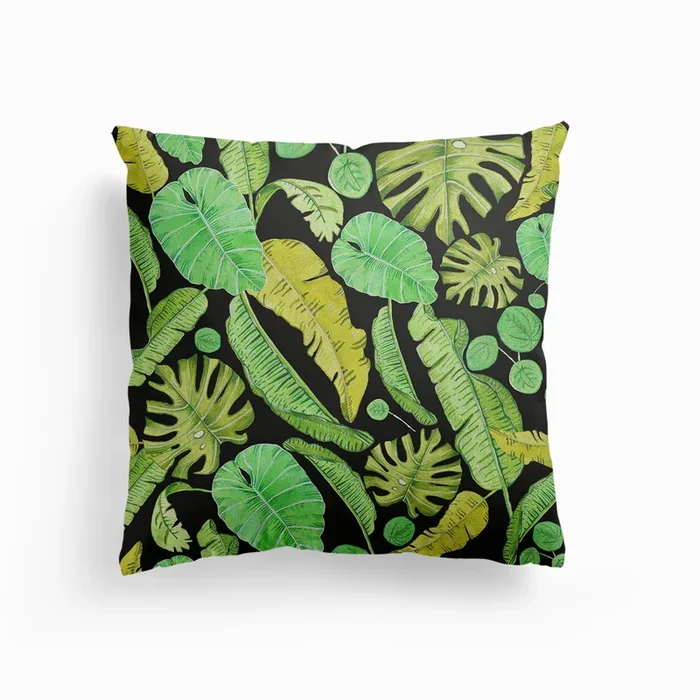 Beautiful Watercolor Tropical Leaves Black Pattern Canvas Cushion by Gulsen Gunel