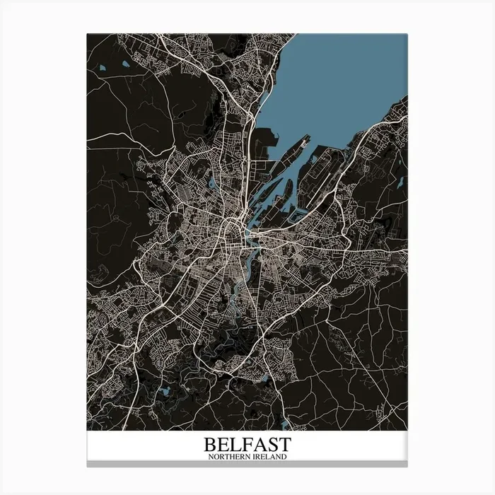 Belfast Black Blue Map Canvas Print by Mapply