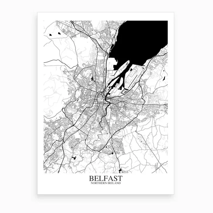 Belfast White Black Map Art Print by Mapply