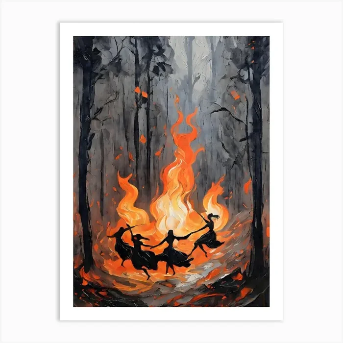 Beltane Fire Dancers – Witch Circle Artwork Witchy Pagan Festival For Wheel of The Year Witches Dancing Art Print Lunar Goddess Calling Wicca Witchcore Witch Art PrintFS by Free Spirits & Hippies
