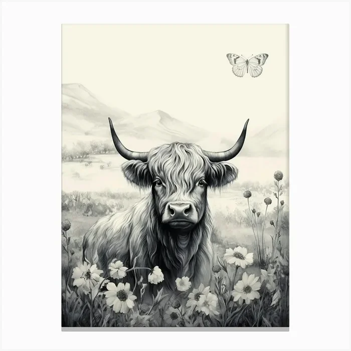 Black & White Illustration Of Highland Cow With Butterfly Canvas Print by Exploring the Highlands