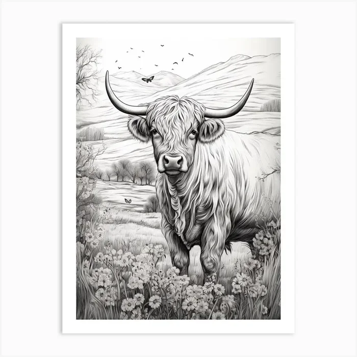 Black & White Illustration Of Highland Cow With Daisies Art Print by Exploring the Highlands