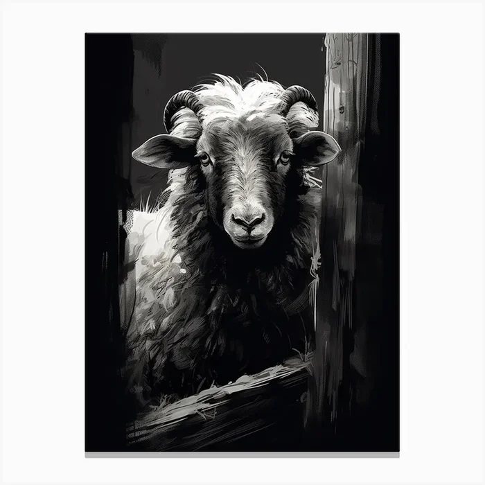 Black & White Illustration Of Highland Sheep In The Barn 1 Canvas Print by Exploring the Highlands