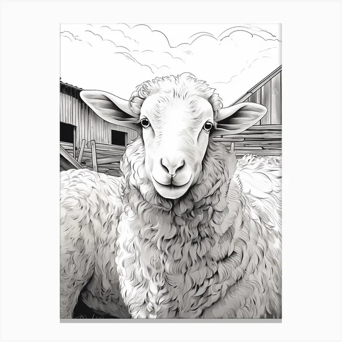 Black & White Illustration Of Highland Sheep In The Barn 2 Canvas Print by Exploring the Highlands