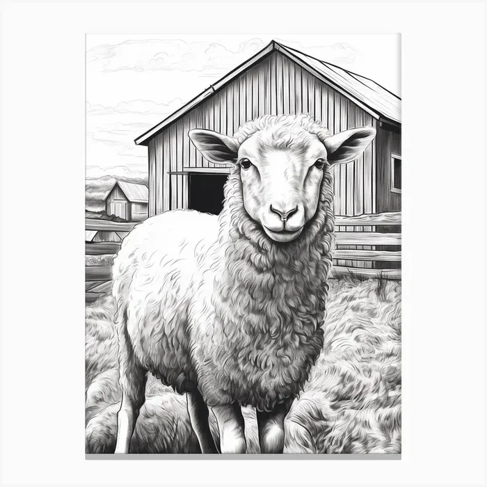 Black & White Illustration Of Highland Sheep On The Farm Canvas Print by Exploring the Highlands