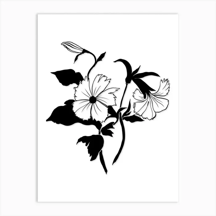 Black And White Flowers Minimal Art Print by Artsy Bessy