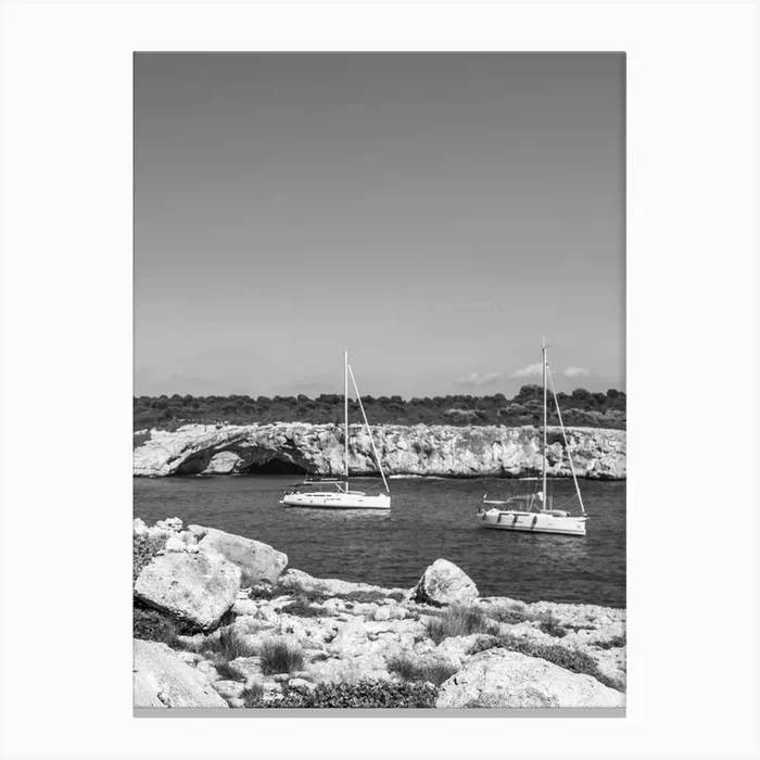 Black And White Sailboats On The Beach Canvas Print by imagine