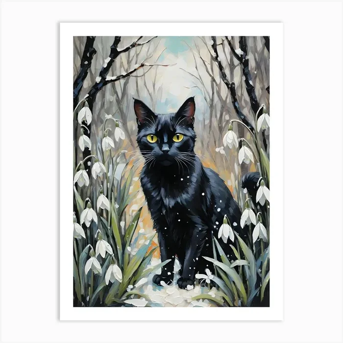 Black Cat Amongst Snowdrops – Oil and Palette Knife Painting of A Beautiful Black Cat Sitting Among the Midwinter January Flowers – Kitty, Cat Lady, Pagan, Feature Wall, Witch, Fairytale Tarot Bastet Imbolc Colorful Painting in HD 1 Art PrintFS by Free Spirits & Hippies