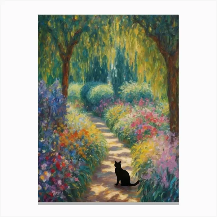 Black Cat in Monet’s Garden Giverny – Willow Trees Botanical Matisse Klimt Claude Monet Art Dappled Sunlight Print for Feature Wall Decor in HD Canvas PrintFS by Free Spirits & Hippies