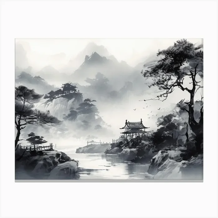 Black White Painting River Scene Canvas Print by Artsy Bessy