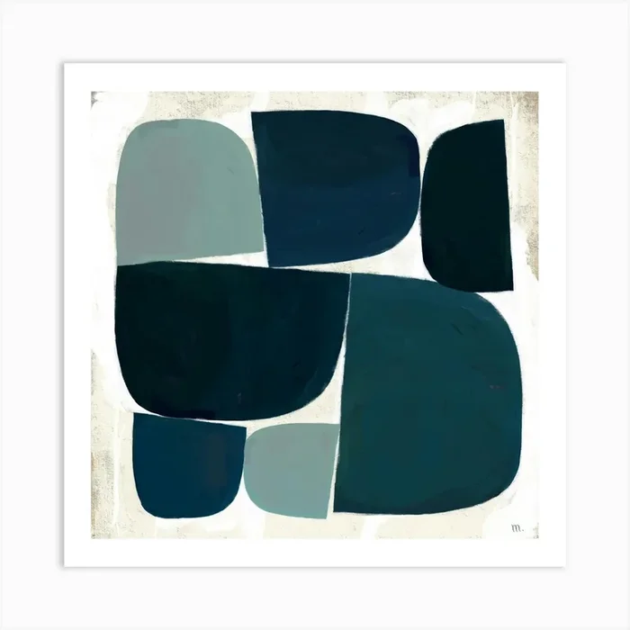 Blue Pebbles Abstract Square Composition Art Print by ATELIER M