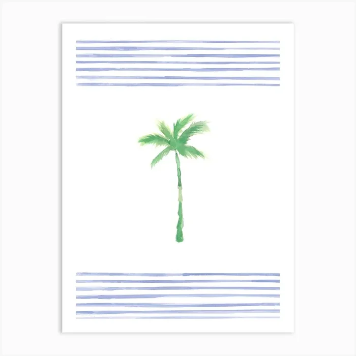 Blue Stripes Green Palm Art Print by Drawn by Rachael