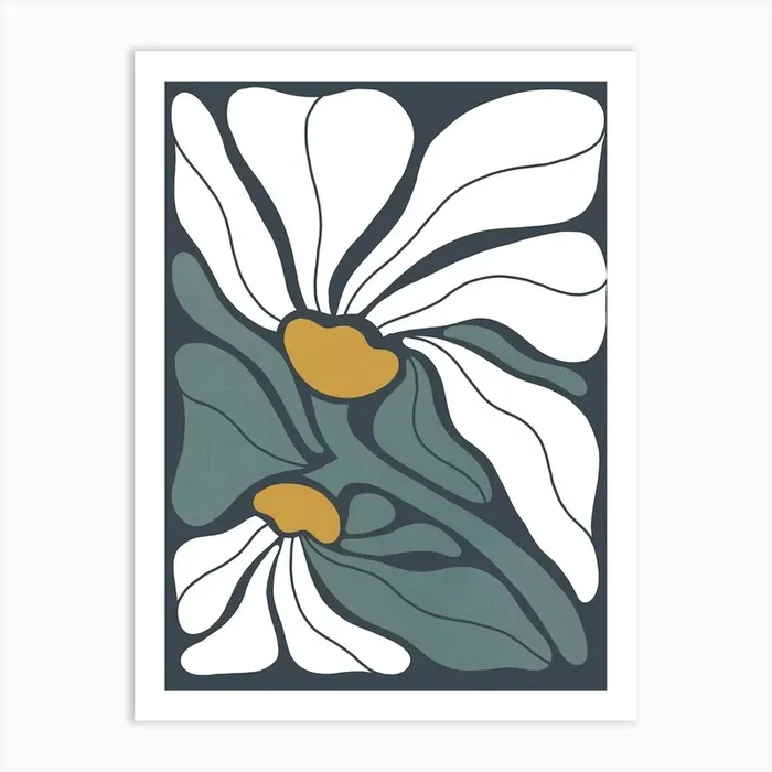 Bold Retro Boho Duo Deco Floral in full bloom 2 Green Ochre Dark Grey Art Print by Dominique Vari