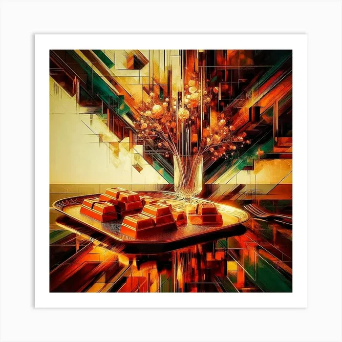 Breakfast of Chocolate bar and a glass of wine in a Serene Morning atmosphere Art PrintM by MINTAIART