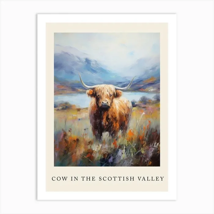 Brushstroke Impressionism Style Painting Of A Highland Cow In The Scottish Valley Poster 6 Art Print by Exploring the Highlands
