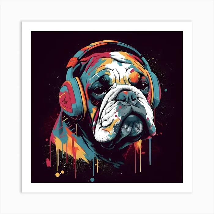 Bulldog With Headphones Art Print by DigitalDoodle
