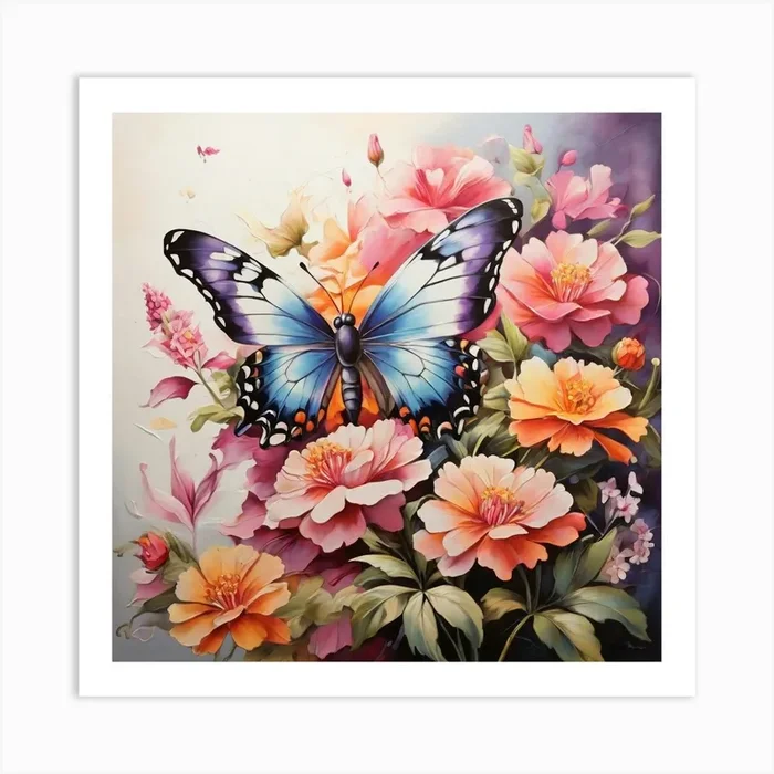 Butterfly And Flowers Art Print by ABDO BOUCHALGA