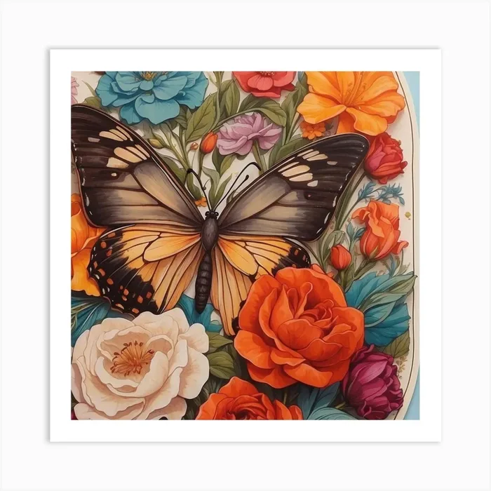 Butterfly And Roses Art PrintB by BADRY