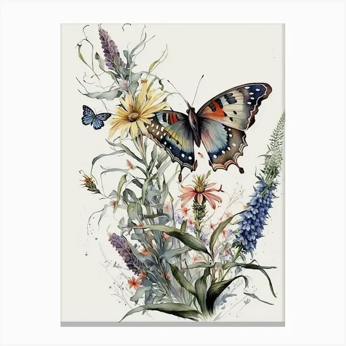 Butterfly And Wildflowers Watercolor Canvas Print by Artsy Bessy