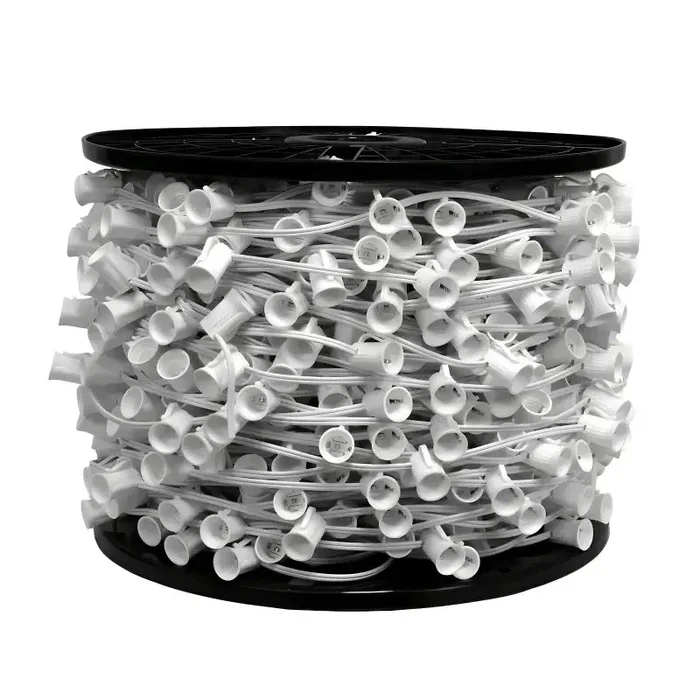 C9 Christmas Light Socket Spool, Light Line, 500′, 18 ” Spacing, White Wire